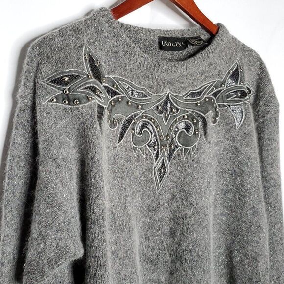 Vintage 80s Angora Silk Pullover Sweater M Faux Leather Leaf Flame Applique Gray - Picture 2 of 6